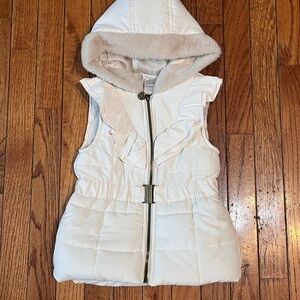 Nicole Miller Cream Hooded Puffer Vest with Fur Trim
